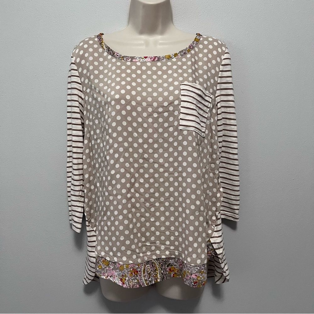 Anthropologie Beige and White Polka Dot Mixed-Pattern Blouse